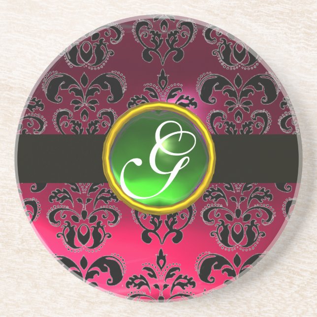 Dessous De Verre En Grès NOIR ET ROSE DAMASK Vert Émeraude Monogramme (Devant)