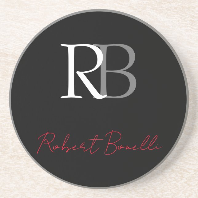Dessous De Verre En Grès Noir moderne Noir Monogramme Initiales Nom (Devant)