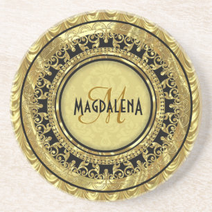 Dessous De Verre En Grès Noir & Or Vintage Floral Damas-Monogramme