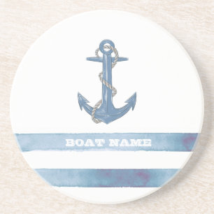Dessous De Verre En Grès Nom de bateau nautique,Ancre,Corde,Rayes bleu clai