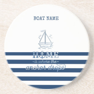 Dessous De Verre En Grès Nom de bateau nautique, ancre rayée bleu marine