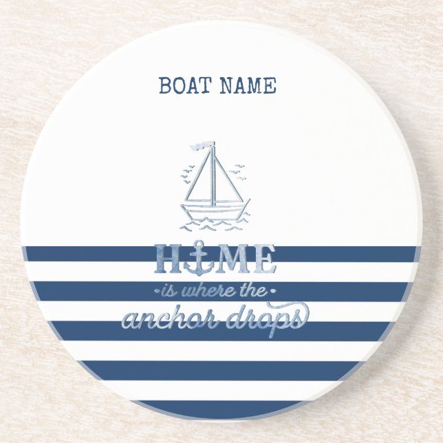 Dessous De Verre En Grès Nom de bateau nautique, ancre rayée bleu marine (Devant)