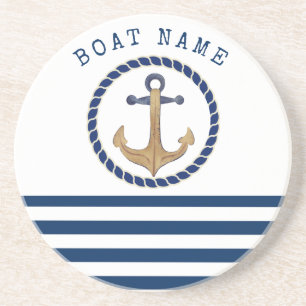 Dessous De Verre En Grès Nom de bateau nautique, rayures bleu marine ancre