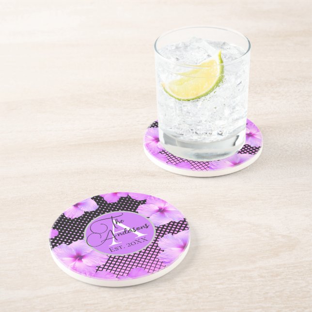 Dessous De Verre En Grès Nom de famille Hibiscus rose chaud (Côté)