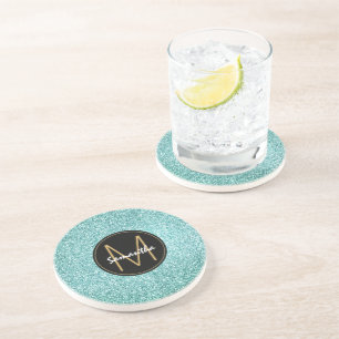 Dessous De Verre En Grès Nom Pailleté Faux Aqua Bleu
