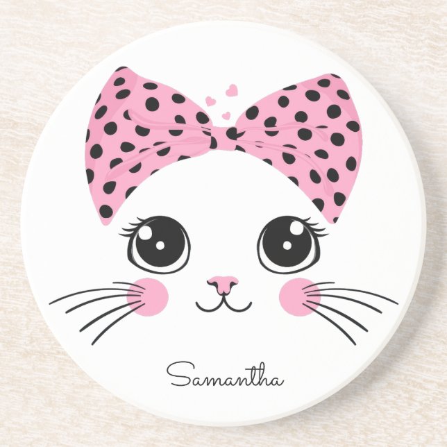 Dessous De Verre En Grès Nom personnalisé Cute face de chat (Devant)