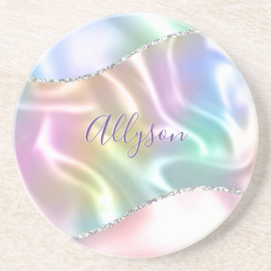 Dessous De Verre En Grès Nom personnalisé écriture violette, vague iridesce