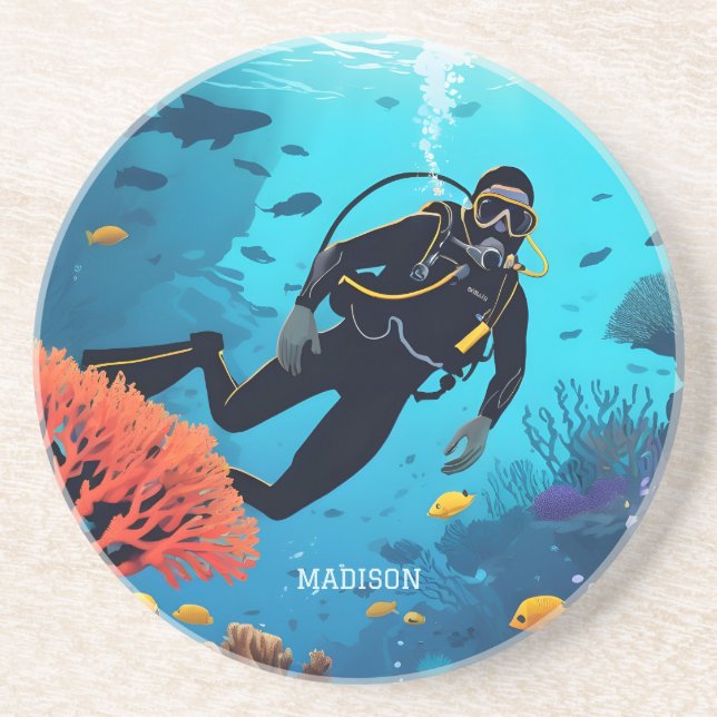 Dessous De Verre En Grès Nom personnalisé Scuba Diver (Devant)