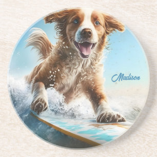 Dessous De Verre En Grès Nom personnalisé Surfing Chien