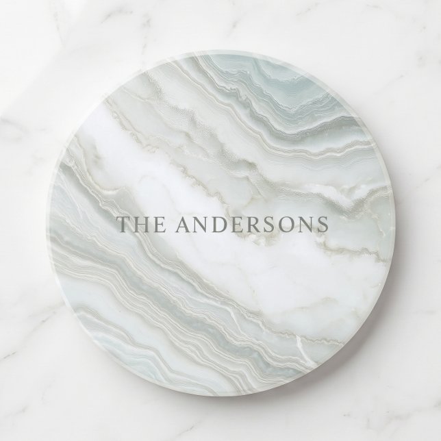 Dessous De Verre En Grès Nom personnalisé Vert Blanc Marbre Abstrait  (Elegant, modern, luxury, personalized name, faux marble coaster )