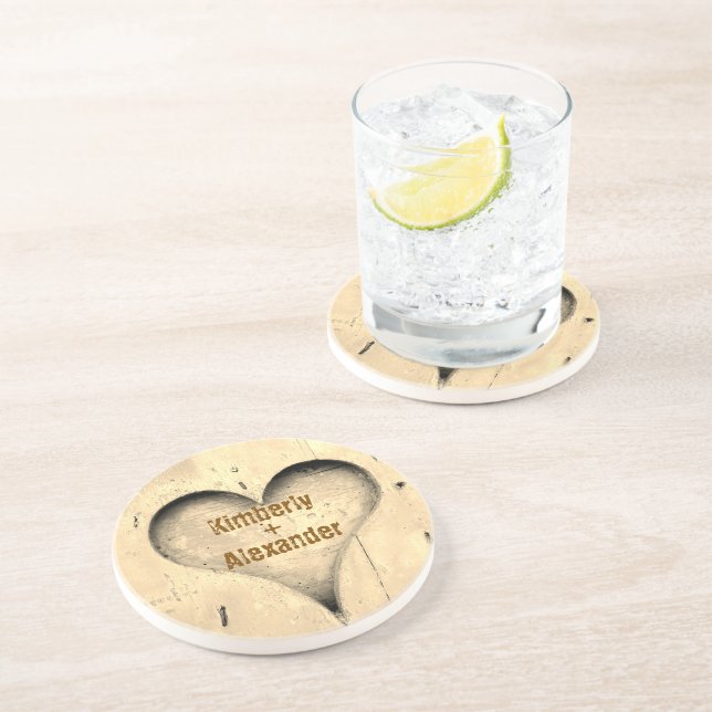 Dessous De Verre En Grès Noms de couple Cadeau Arbre Rustique avec Cœur (Côté)