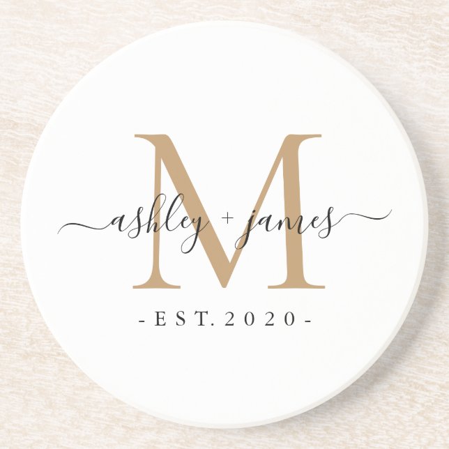 Dessous De Verre En Grès Noms de monogramme d'or de mariage Année d'établis (Devant)