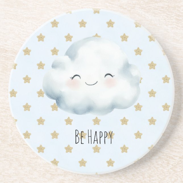 Dessous De Verre En Grès Nuage Étoiles Dorées Blue Be Happy (Devant)