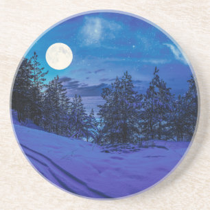 Dessous De Verre En Grès Nuit étoilée avec pleine lune en forêt