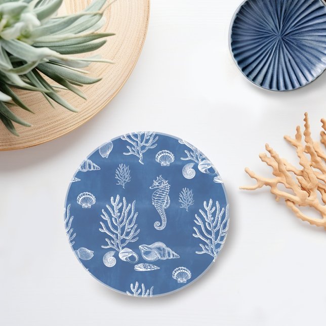 Dessous De Verre En Grès Ocean Seahorse en bleu et blanc (Créateur téléchargé)