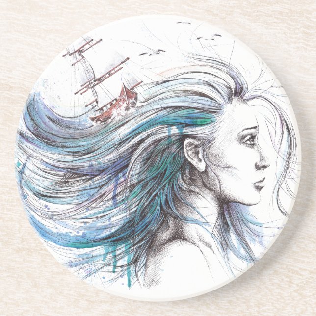 Dessous De Verre En Grès Océane fille Naureal aquarelle art (Devant)