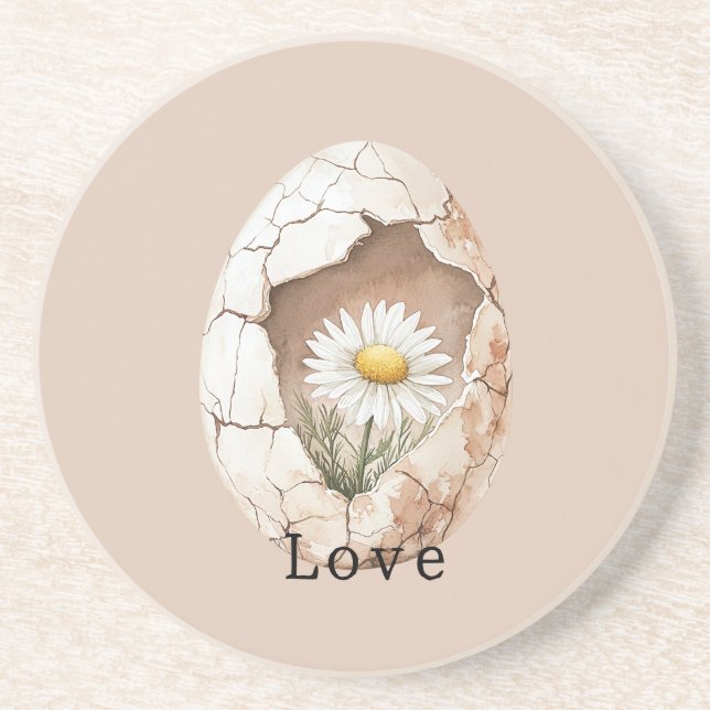 Dessous De Verre En Grès Oeuf floral de marguerite blanc crème (Devant)