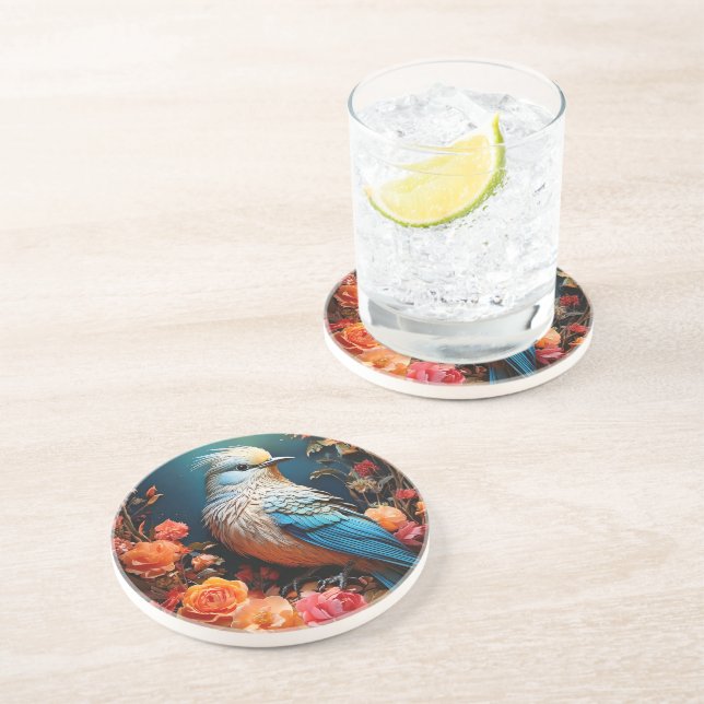 Dessous De Verre En Grès Oiseau bleu de nature fantaisiste (Côté)