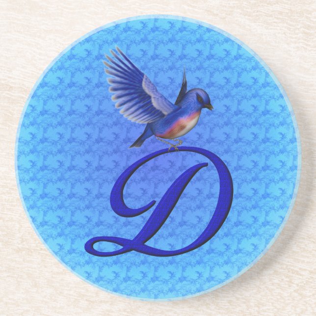 Dessous De Verre En Grès Oiseau Bleu Élégant Monogramme Initiale D (Devant)