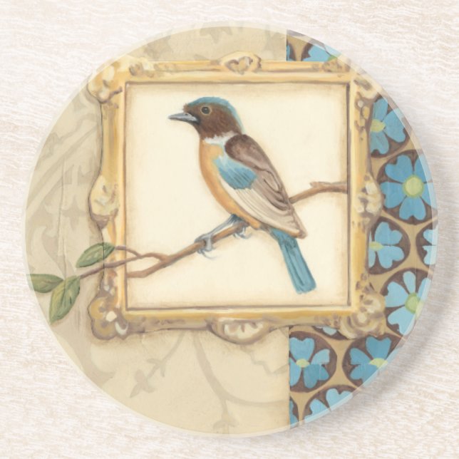 Dessous De Verre En Grès Oiseau Brown et bleu sur une branche (Devant)