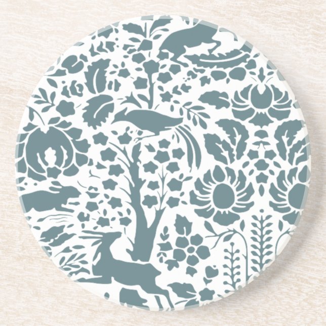 Dessous De Verre En Grès Oiseau, Cerf, motif folklorique des arbres (Devant)
