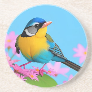 Dessous De Verre En Grès Oiseau Coloré sur Branche en Fleurs