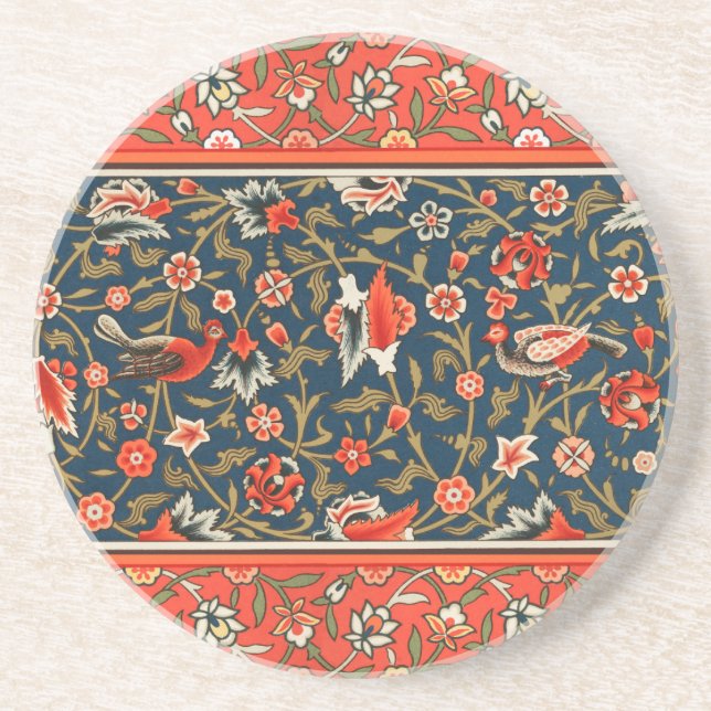 Dessous De Verre En Grès Oiseau et fleurs Perse Motif bleu rouge (Devant)