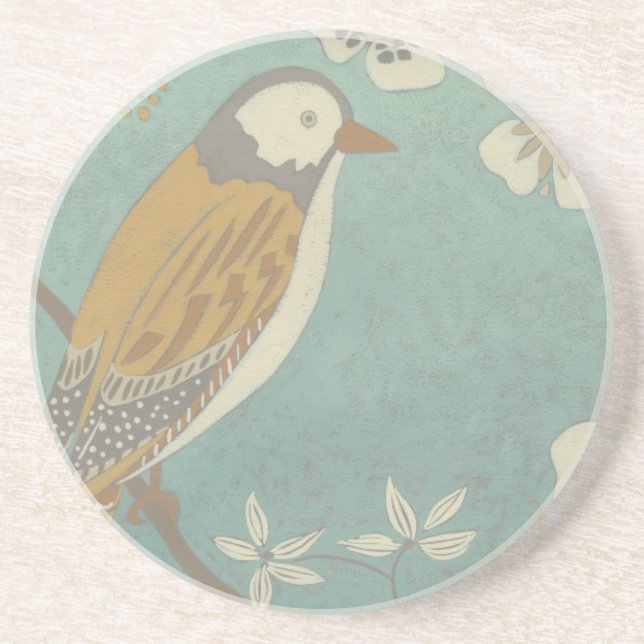 Dessous De Verre En Grès Oiseau jaune, gris et beige perché sur une branche (Devant)