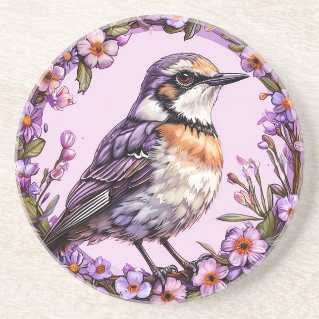 Dessous De Verre En Grès 🐦 Oiseau sur fond floral lilas 🐦 (Devant)