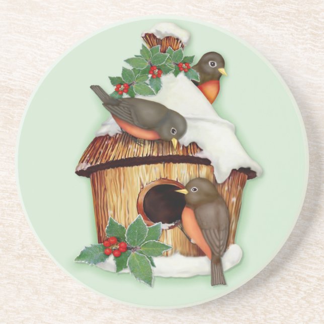Dessous De Verre En Grès Oiseaux d'hiver et maison d'oiseaux (Devant)
