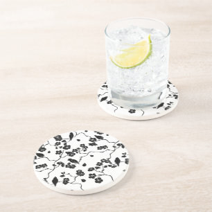 Dessous De Verre En Grès Oiseaux Motifs noirs et blancs sur les fleurs de c