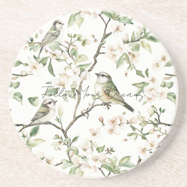Dessous De Verre En Grès Oiseaux verts fleurs blanches arbre (Devant)