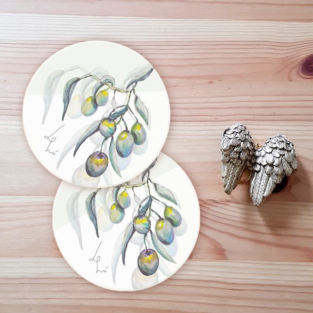 Dessous De Verre En Grès Olives Magiques Aquarelle Peinte à la Main (Créateur téléchargé)