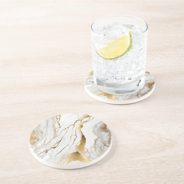 Dessous De Verre En Grès Or et Marbre blanc Abstrait (Côté)