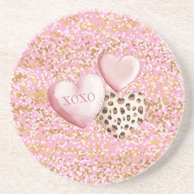 Dessous De Verre En Grès Or rose blanc confettis XOXO (Devant)
