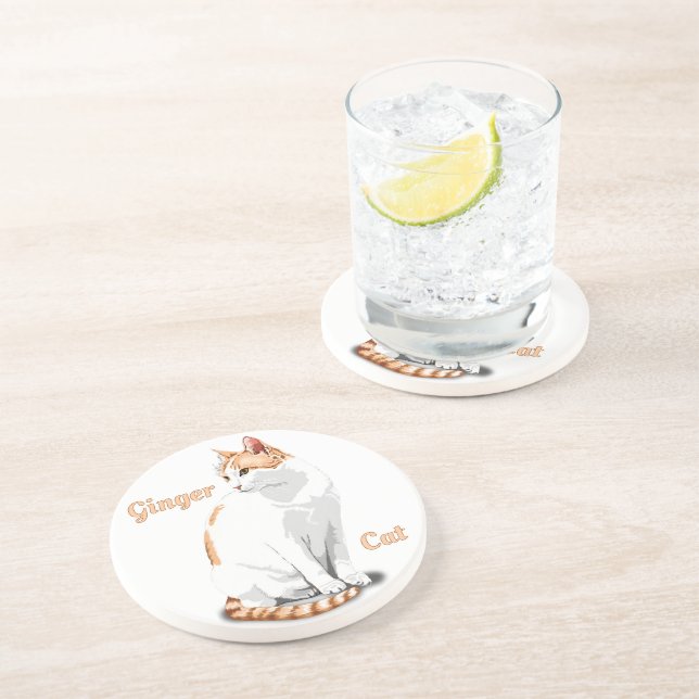Dessous De Verre En Grès Orange Gingembre et Chat Blanc Personnalisé (Côté)