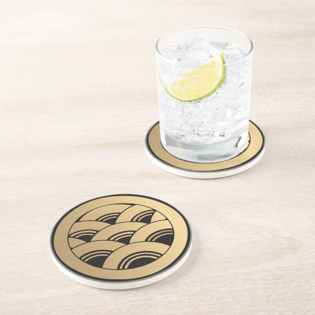 Dessous De Verre En Grès Oriental Faux Golden Waves Japonais Kamon (Côté)