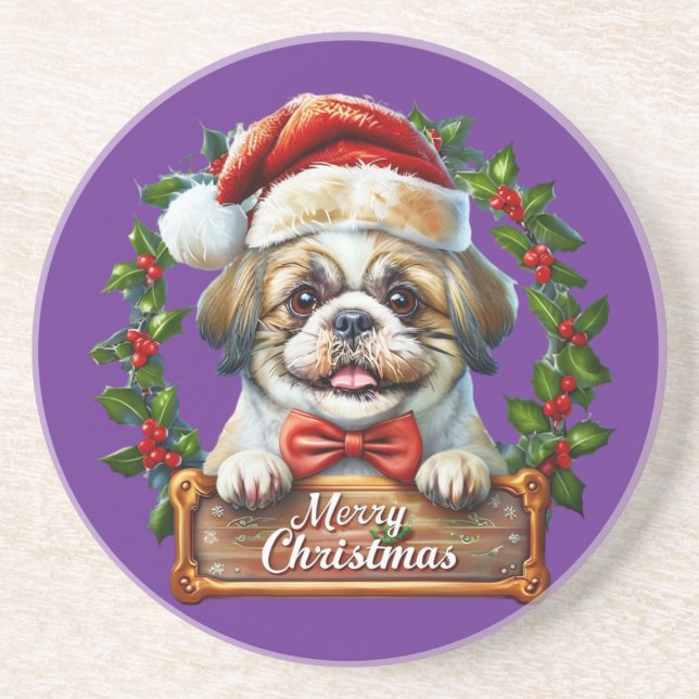 Dessous De Verre En Grès Ornement de Noël du chien mignon - Joyeux Noël (Devant)