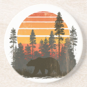 Dessous De Verre En Grès Ours des années 70 dans la forêt Coucher de soleil