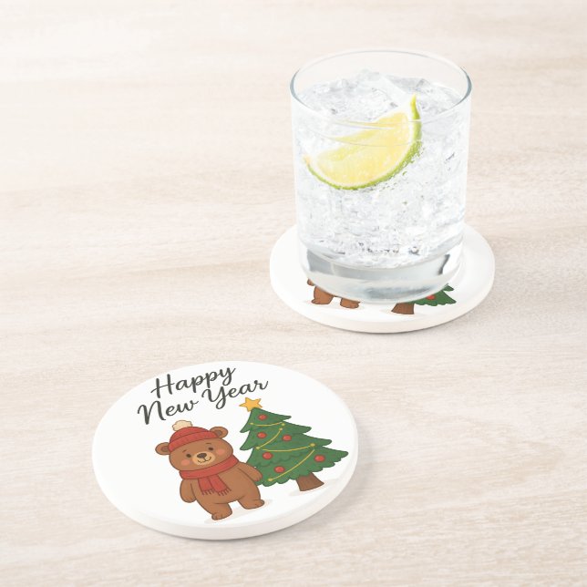 Dessous De Verre En Grès Ours mignon d'hiver avec arbre de Noël Bonne année (Côté)