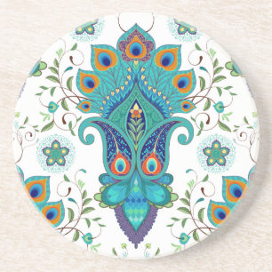 Dessous De Verre En Grès Paisley orientale, motif en plumes paon.