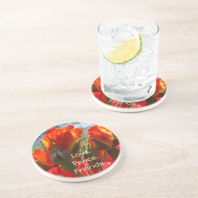 Dessous De Verre En Grès Paix Amour Amis sous-verres en grès Roses Rouges (Côté)