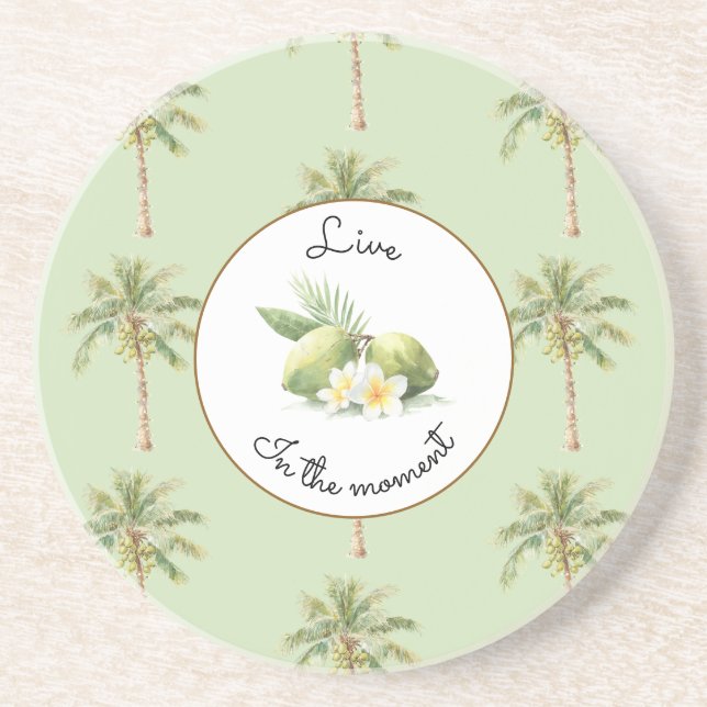 Dessous De Verre En Grès Palmier Tropical Vert Fleurs de Plumeria Limes (Devant)