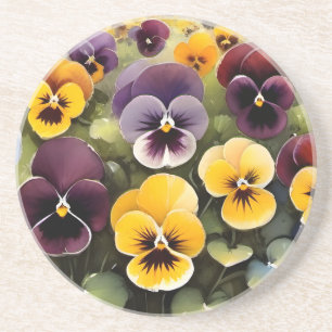 Dessous De Verre En Grès Pansies jaunes et violets aquarelle