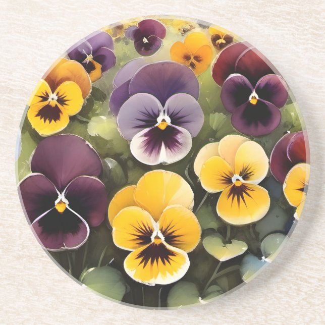 Dessous De Verre En Grès Pansies jaunes et violets aquarelle (Devant)