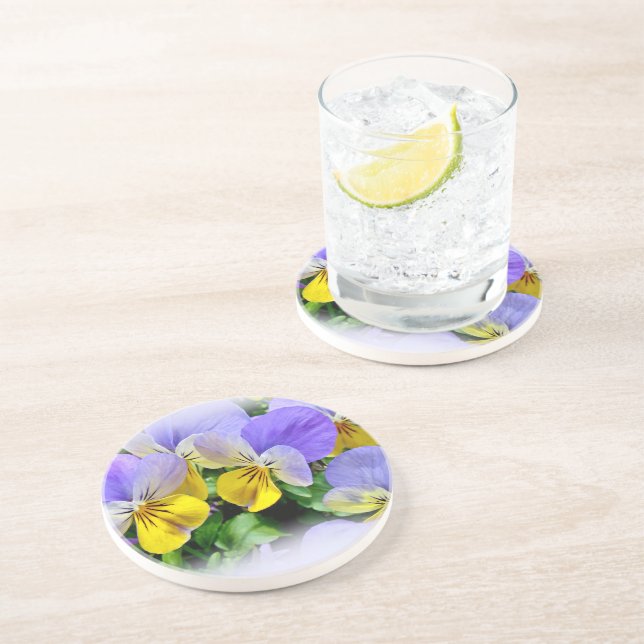 Dessous De Verre En Grès Pansies - violet et jaune (Côté)