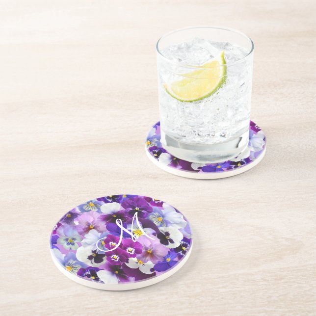 Dessous De Verre En Grès Pansy Floral Fleurs Violet Bleu Blanc Monogramme  (Côté)