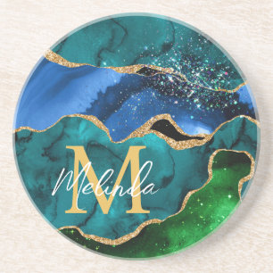 Dessous De Verre En Grès Paon bleu et vert Faux Paillettes Agate
