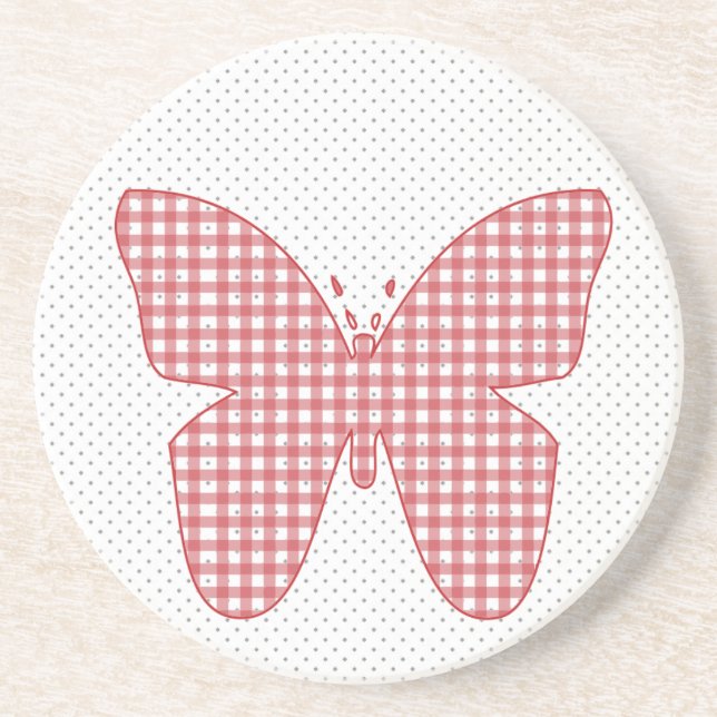 Dessous De Verre En Grès Papillon à carreaux rouges sur pois (Devant)