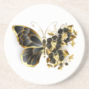 Dessous De Verre En Grès Papillon à fleurs d'or avec orchidée noire